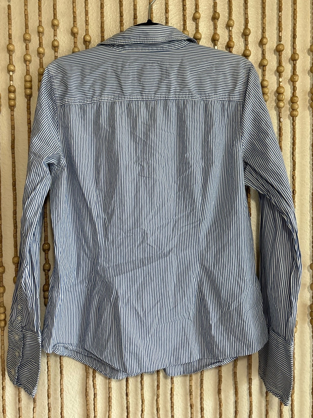 American Eagle Y2K White Blue Striped Ruffle Front Preppy Classic Button Down 14 - Picture 5 of 6